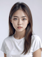 Fototapeta premium Asian Japanese girl beautiful eyes in white t-shirt with healthy skin super realistic white studio background.