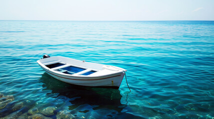 Naklejka premium Tranquil White Rowboat Floating on Crystal Clear Turquoise Sea Under a Bright Blue Sky