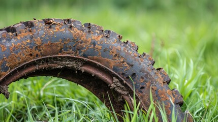 Close up of rusted chainsaw tire on green grass background vertical view