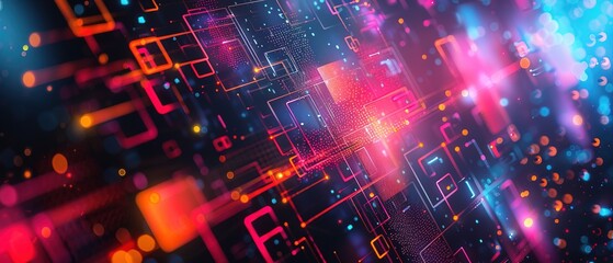 Obraz premium abstract illustration of geometric shapes and structures in colorful neon colors and lights in cyberspace against dark background