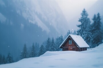 A small cabin covered in snow, with a softly blurred background of snowy trees and mountains.