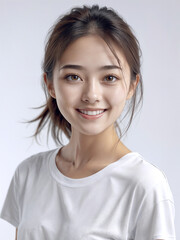 Fototapeta premium Asian Japanese girl beautiful eyes in white t-shirt with healthy skin super realistic white studio background.