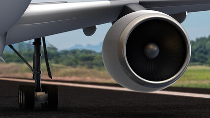 Close up View of Airplane jet Engine on runway