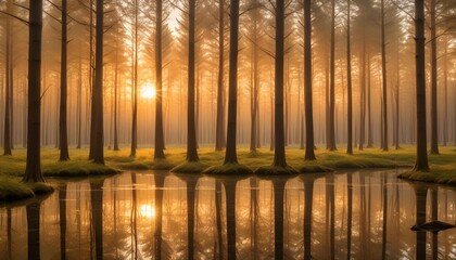 Serene Glass Forest Reflecting Golden Sunset