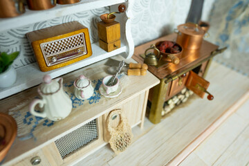 retro-style miniature dollhouse scale kitchen roombox with handcrafted furniture, dishes and utensils, miniature enthusiasts