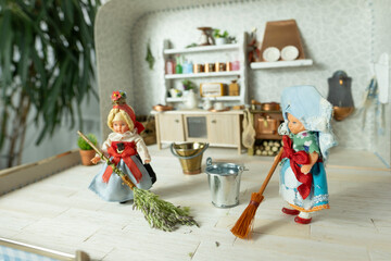 miniature world tiny dolls inhabiting meticulously crafted retro-style dollhouse kitchen scale kitchen roombox, childhood memories