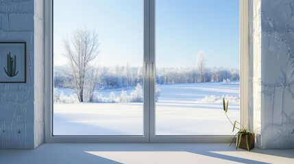 energy-efficient window overlooking a winter landscape, demonstrating no ice or frost buildup due to superior insulation