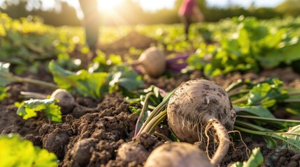 Closeup of radish plants partially buried in soil with a background of farmers in a sunlit field. Organic farming, agriculture, sustainable food production, vegetable gardening.