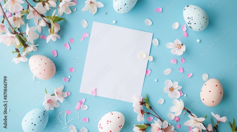 Sticker Easter themed flat lay with eggs flowers and paper on blue background