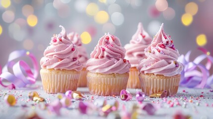 vanilla cupcakes with strawberry swirl icing lined up for a party among ribbon bows and confetti