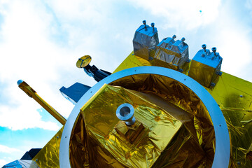 Obraz premium meteorological satellite model for tracking and monitoring climate changes worldwide, environmental science, space observation