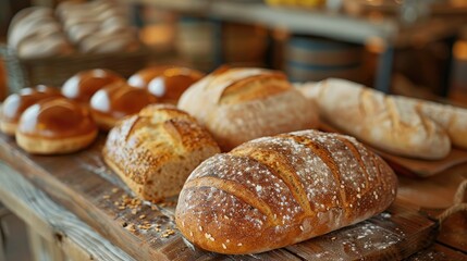 Freshly baked bread and buns displayed on a wooden table