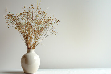 Bouquet of dried flowers in a clay vase on a white background. Generated by artificial intelligence