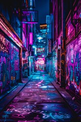 An urban alleyway covered in neon graffiti, with vibrant, street art. 