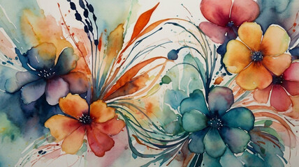 Watercolor painting: Abstract floral composition with dynamic movement and flowing lines