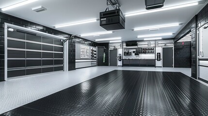 Black and white rubber flooring creating a modern look in a high-tech garage