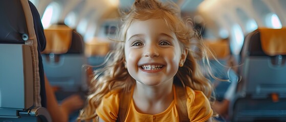 Obraz premium Joyful little girl sitting in passenger airplane
