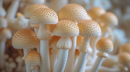 A modern indoor mushroom farm illuminated with LED lights, displaying trays of thriving brown mushrooms, highlighting sustainable and controlled agricultural practices.