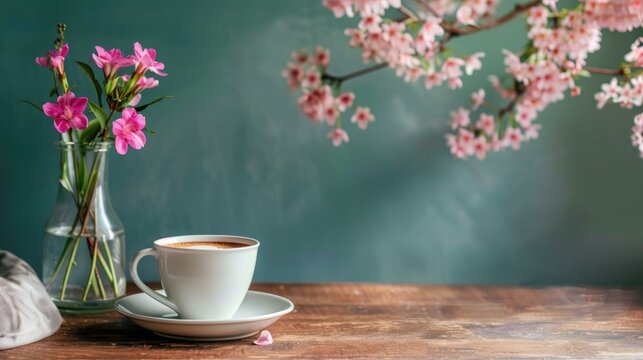 Flat white coffee in a coffee cup with pink flowers in a glass bottle on a vintage tabletop with empty space for text viewed from the side