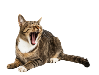 Full body shot of Aegean Cat cat yawning. Transparent, white background, isolated.
