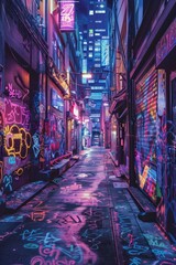 Fototapeta premium An urban alleyway covered in neon graffiti, with vibrant, street art. 