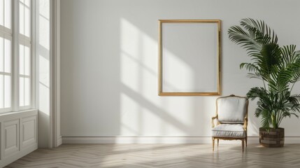 Frame on white wall with gold mock up