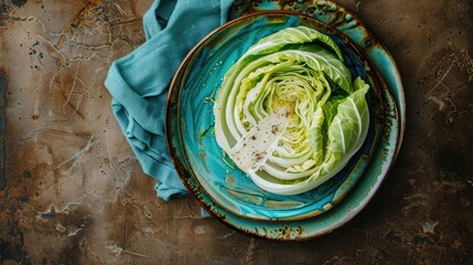 Obraz premium Simple rustic meal Cabbage on turquoise plate with blue napkin on brown backdrop