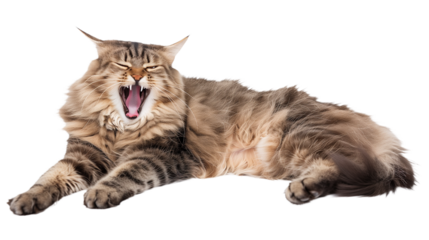 Full body shot of American Longhair Cat cat yawning. Transparent, white background, isolated.