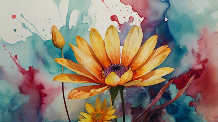 Watercolor painting:  Abstract representation of a flower using unconventional colors and unconventional compositions