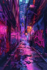 Fototapeta premium An urban alleyway covered in neon graffiti, with vibrant, street art. 