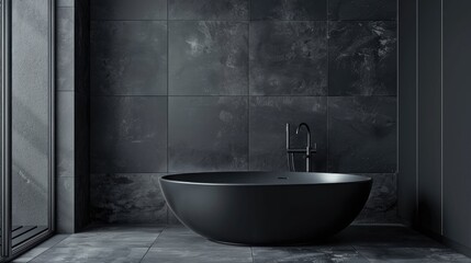 Dark grey bathroom with black floor mounted mixer against copy space background