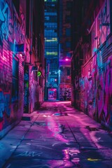 An urban alleyway covered in neon graffiti, with vibrant, street art. 