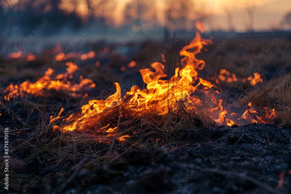 Wall mural Burning dry grass in a field