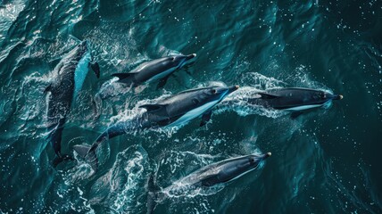 Obraz premium Aerial View of a Group of Dolphins Swimming in the Ocean, Showing the Graceful Movements of the Animals as they Cut Through the Water