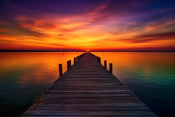 A breathtaking sunset over a calm lake, viewed from the end of a wooden pier stretching out into the water. The vibrant colors of the sky, ranging from deep purples to fiery oranges and reds