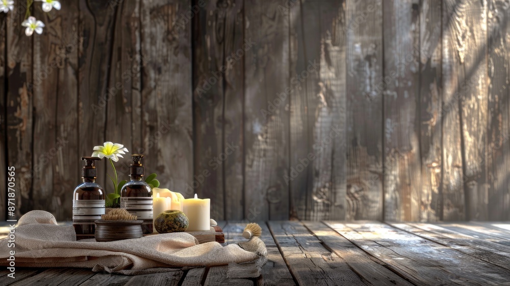 Wall mural Spa setting on wooden surface with brown backdrop