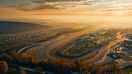 Obraz premium Hungary's main Formula 1 race course, Hungaroring, is situated in Mogyorod. The track looks particularly stunning in the soft lighting of an autumn morning.