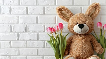 Fototapeta premium Funny toy bear with rabbit ears and tulips on Easter themed white brick background with text space