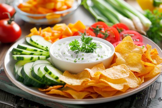 Assorted veggies and chips with dip focused