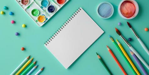 watercolor paints and school supplies on light green background with empty notebook for text or design. Back to School concept banner mockup template top view.