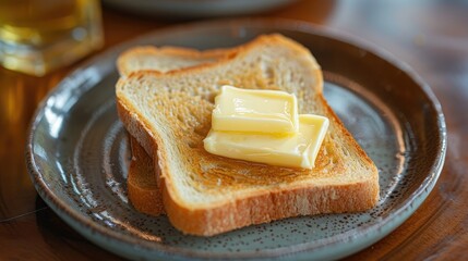 Toasted bread with butter on a porcelain plate