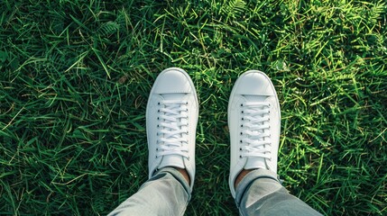 White unisex sneakers on grass in park from top with room for text Emphasizing health sports and fashion No human presence