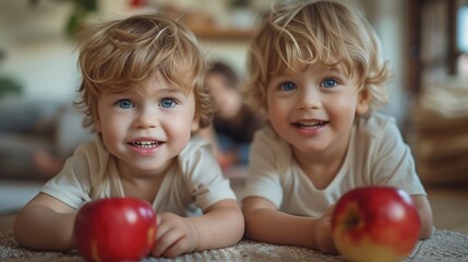 Fototapeta premium Twin Boys Holding Apples on the Floor
