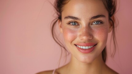 Fototapeta premium Beautiful young white woman with healthy Smile and perfect skin on isolated pink background