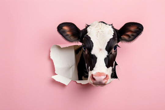 Kuh steckt ihren Kopf durch aufgerissenes Loch in rosa Papierwand, Tierfotografie, erstellt mit generativer KI