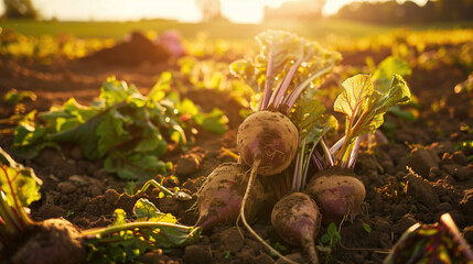 Freshly harvested beetroots in a sunlit field with green leaves and rich soil. Organic farming, agriculture, harvest season, healthy food, farm to table concept.