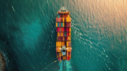 Aerial shot of a cargo ship carrying colorful containers, sailing through the ocean at sunset, showcasing global trade and maritime transport.