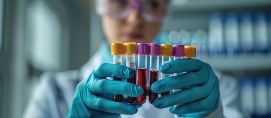 A scientist in a lab holding multiple test tubes filled with blood samples, wearing protective gloves and goggles, in a modern laboratory setting.