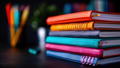 Stack of colorful textbooks arranged neatly on a desk, with titles visible and vibrant covers, perfect for illustrating academic resources and educational materials