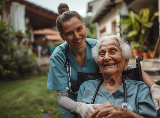 Obraz premium Young nurse taking take about old woman in retirement house.